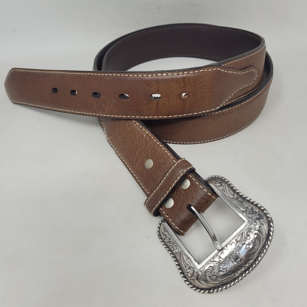 Nocona Belt Mens 46 Brown Leather Western Cowboy Rodeo Engraved Buckle N2453457